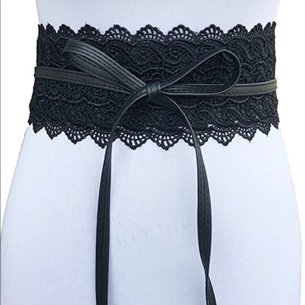 Black Lace faux leather wide boho belt stretch - Picture 6 of 10